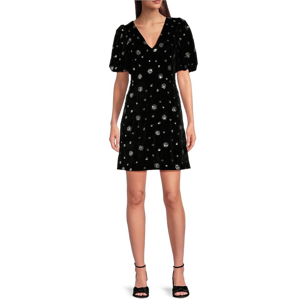 Eliza J Sz 14 Velvet Applique V-Neck Short Puff Sleeve Side Pocket Mini Dress
